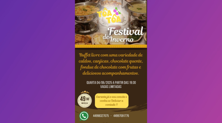 Açaíteria Tôa Tôa realiza Festival de Inverno nesta quarta-feira (4)